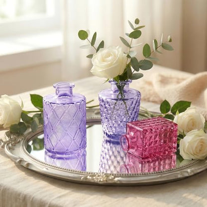 Set of 15 Purple Glass Bud Vases Small Textured Flower Vases - color: Purple