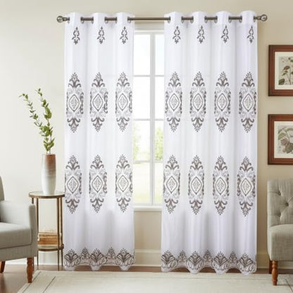 J&V TEXTILES Embroidered Curtain Set, 2 Panel Drapes with Backing & Valance, Medallion Pattern (White) - color: White