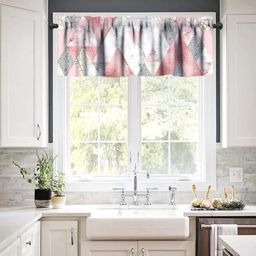 Pink Marble Valance, Abstract Geometric Gold Silver Glitter Lines Modern Luxury Triangles Print Blackout Window Valance for Kitchen Cafe Girls Bedroom, 54x18inch - color: Marble-20