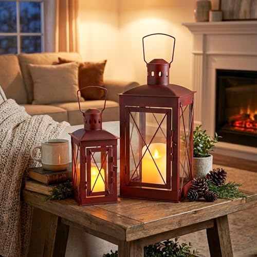 TRIROCKS Set of 2 Decorative Candle Lantern 14/10'' High (Antique Red) - color: Antique Red