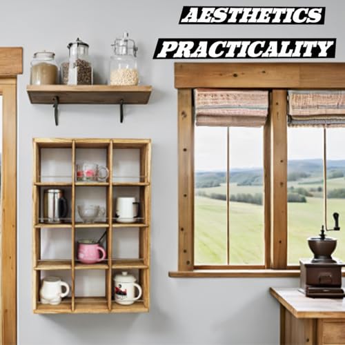 12 Grid coffee mug display shelf, 17x25" Wooden cup shelf for wall, Carbon - color: Carbon
