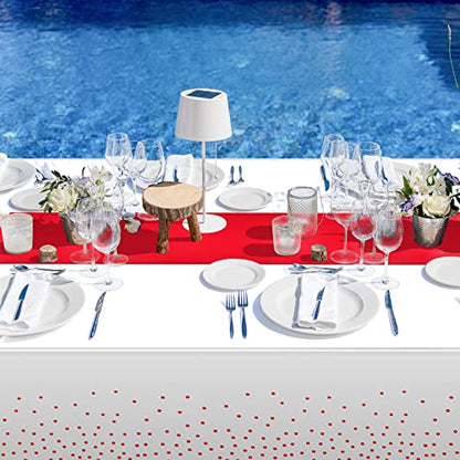 8Pack Disposable Plastic Tablecloths and Satin Table Runner Set White and Red Dot Tablecloth Red Satin Table Runner for Wedding Birthday Baby Shower Anniversary Christmas New Year Party Supplies - color: White and Red, size: 8 Pack