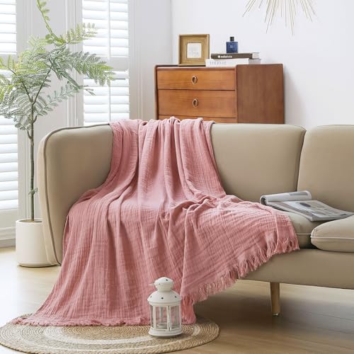 Cotton Muslin Throw Blanket with Tassels, Lightweight Woven Gauze, Pre-Washed Breathable Farmhouse Decor for Bed, Couch, All-Season Use (Dusty Pink, 50" x 60") - color: Dusty Pink, size: 50" x 60"