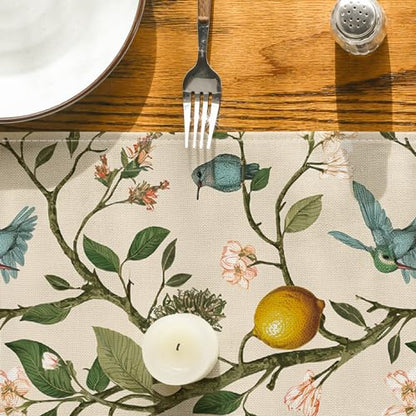 Artoid Mode Brown Lemon Tree Bird Flower Summer Table Runner,Spring Kitchen Dining Table Decoration for Home Party Decor 13x60 Inch - size: 13" x 60", Table Runner