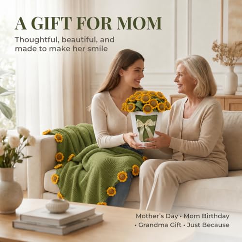 Sunflower Crochet Flower Bouquet Blanket, Handmade Knitted Throw Blanket - color: Green Sunflower, size: Medium