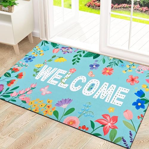 Likiyol Floral Door Mat Outside Entrance, Colorful Flower Welcome Mat Front Door Mats Non Slip Spring Doormat Outdoor Indoor Entrance, Low Profile, Absorbent, 18" x 30", Blue - color: Blue, size: 1'6" x 2'6" (Rectangular)