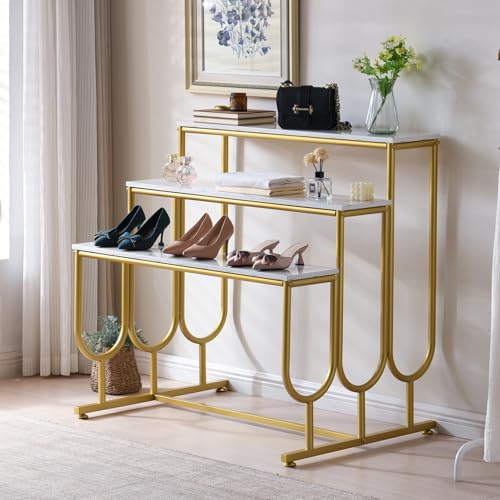 3-Tier Display Riser Stand, Gold Metal Frame, Marble-Look Shelves