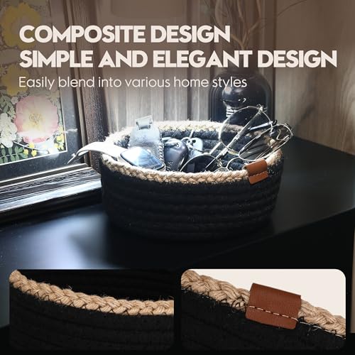 Sea Team 3-Pack Compact Nesting Woven Cotton Rope Storage Baskets, Black - color: Black & Jute