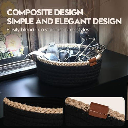 Sea Team 3-Pack Compact Nesting Woven Cotton Rope Storage Baskets, Black - color: Black & Jute