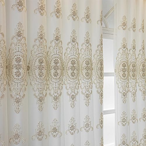 Amidoudou 1 Pair European Double Layer Curtains with Valances for Living Room Bedroom Luxury 3D Flower Embroidered Semi-Blackout Curtains (White,51x90 Inch) - size: 51"W x 90"L (Pack of 2)