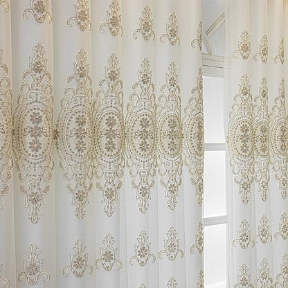Amidoudou 1 Pair European Double Layer Curtains with Valances for Living Room Bedroom Luxury 3D Flower Embroidered Semi-Blackout Curtains (White,51x90 Inch) - size: 51"W x 90"L (Pack of 2)