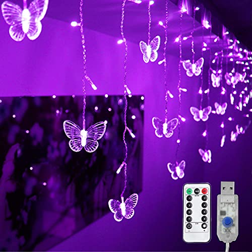 Butterfly Curtain Lights, 4.9ft 48 LED USB Window Fairy Lights 10 Butterflies 8 Modes Firefly Twinkle Timer String Lights with Remote for Room Bedroom Wall Ceiling Party Wedding Christmas - color: Purple, size: 4.9ft