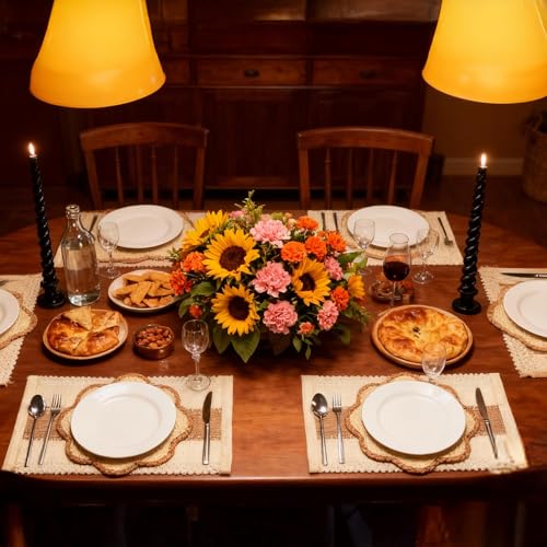 6pc Sunflower Rattan Placemat Set, Woven Boho Table Mats, Natural - color: Beige-set of 6