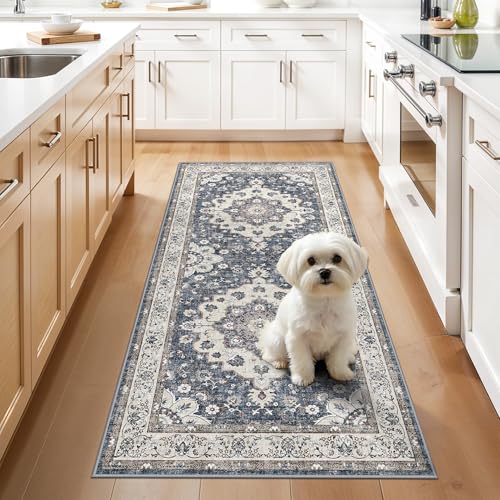Kitchen Washable 3x6 Runner Rug: Non-Slip Stain Resistant Wide Carpet Light Weight Thin Rugs for Hallway Entryway Bathroom Bedside Soft Low-Pile Mat for Family with Cats & Dogs Home Decor (3x6,Blue) - color: Blue, size: 3' x 6' (Rectangular)