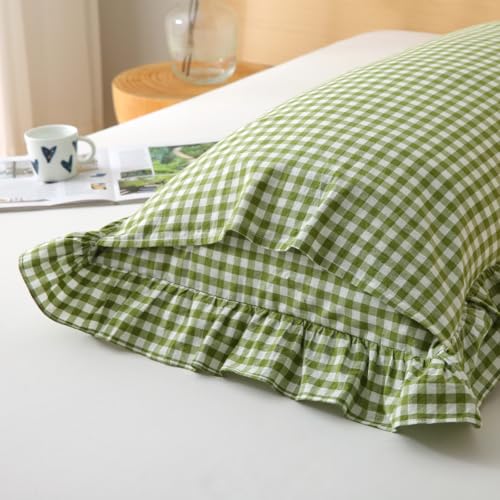 Silnuo Olive Green/White Gingham Ruffled Body Pillow Cover 20"x54" - color: Green/White, size: Body Pillow (20" x 54") - 1 Piece