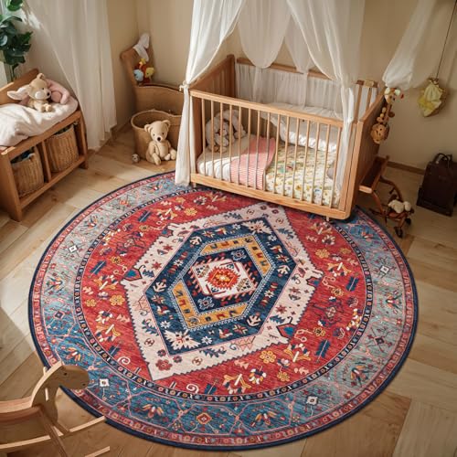 SERISSA 4ft Washable Non Slip Round Boho Area Rug for Bedroom，Rust - color: Rust/Multi, size: 4' (Round)