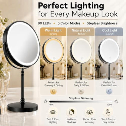DEIOVWXS Makeup Mirror, Rechargeable Vanity Mirror with 3 Lights, 1X/10X - color: Black