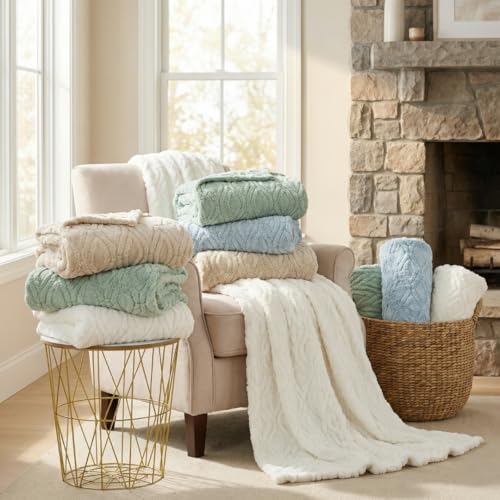 The Seacliff Blanket 50x60 Throw, Lighthouse Cream – Lightweight Soft Fleece Throw Blanket for Couch, Breathable All Season, Coastal Wave Texture - color: Lighthouse Cream, size: Throw 50x60
