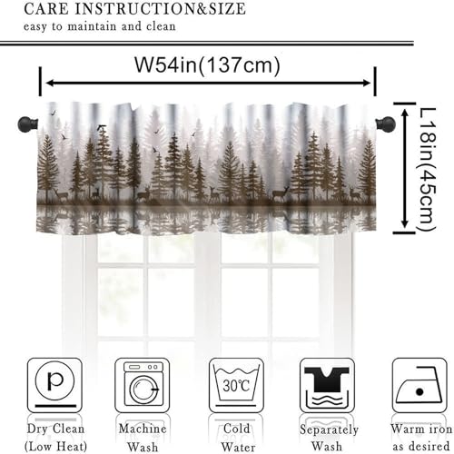 Misty Forest Valance Curtain, Rustic Farmhouse Pine Tree Landscape Country Woodland Deer Print Blackout Short Window Drape for Kitchen Living Room Bedroom, 54x18inch - color: Deer-3