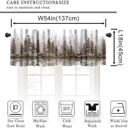 Misty Forest Valance Curtain, Rustic Farmhouse Pine Tree Landscape Country Woodland Deer Print Blackout Short Window Drape for Kitchen Living Room Bedroom, 54x18inch - color: Deer-3