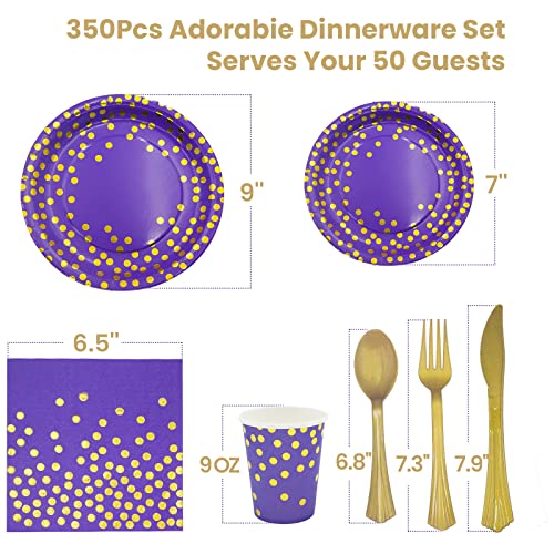 AIRE Purple Gold Paper Plates Set, 350PCS Disposable Dinnerware for 50 - color: 350pcs Purple and Gold