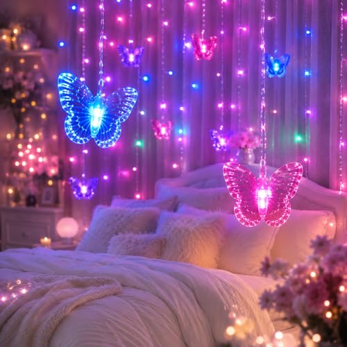 Butterfly Curtain Fairy Lights USB Plug in,8 Modes 120 LED 19.7FT Firefly Twinkle Timer String Lights with Remote, Waterproof Copper Wire for Bedroom Patio Christmas Wedding Party (Multi-new) - color: Multi-new