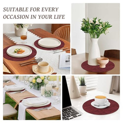 13" Round Placemats Set of 6, Reversible Faux Leather Wipeable Table Mats - color: Burgundy