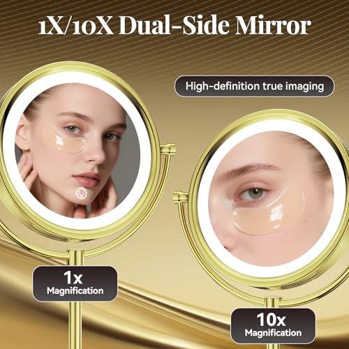 GURUN 8.5 Inch LED Lighted Tabletop Makeup Mirror with 10x Magnification Dimmable 3 Colors Touch Control 4500mAh Double Sided Gold Finish 2208D-T(10x, Gold) - color: Gold-batterie-touch Control