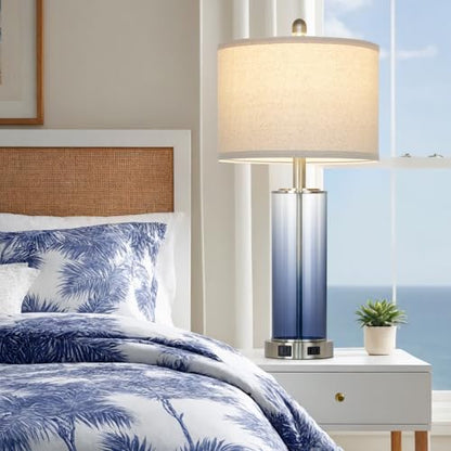 26" Coastal Blue Glass Table Lamps Set of 2, 3-Way Dimmable Touch Control Bedroom Lamp with USB C+A Ports & AC Outlet, Elegant Living Room Lamp, Nautical Bedside Lamps for Nightstand Side End Table - color: Blue