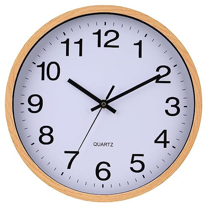 Wall Clock 12 Inch Wooden Frame Glass Cover Non-Ticking Number Quartz Modern Quartz Design Decorative Bedroom Kitchen Office Classroom Light Brown - color: Light Brown