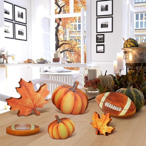 Bencailor 12 Pcs Fall Table Decor Wooden Pumpkins Maple Leaf Fall Football Tiered Tray Decor Thanksgiving Centerpiece Autumn Football Decorations for Home Kitchen Desk Office Party - style: Innovative