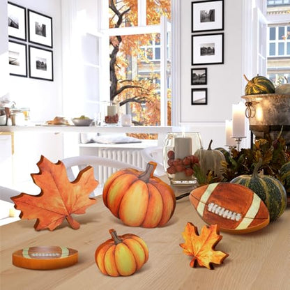 Bencailor 12 Pcs Fall Table Decor Wooden Pumpkins Maple Leaf Fall Football Tiered Tray Decor Thanksgiving Centerpiece Autumn Football Decorations for Home Kitchen Desk Office Party - style: Innovative