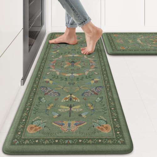 KIMODE Kitchen Mats for Floor Cushioned Anti Fatigue Kitchen Rugs Sets of 2 - color: Sage Green Botanical