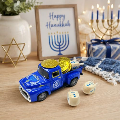 Hanukkah Truck Decor with 3 Wooden Dreidels and Gold Gelt Coins, 5.7-Inch - color: Hanukkah Blue