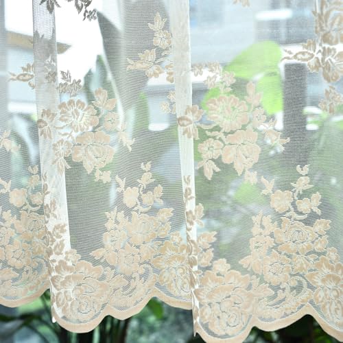 Kotile Beige Lace Valance Curtain for Kitchen Window W52 x L18 Inch 1 Panel - color: Beige