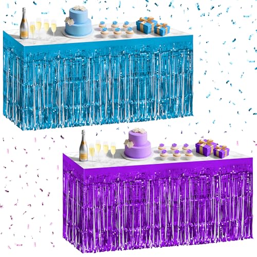 2 Pack Lake Blue Dark Purple Table Skirts, 29x108" Metallic Foil Tinsel Fringe Table Skirt for Rectangle Tables Streamer Curtains Backdrop, Party Decorations for Birthdays, Weddings, Holidays - color: Lake Blue Dark Purple