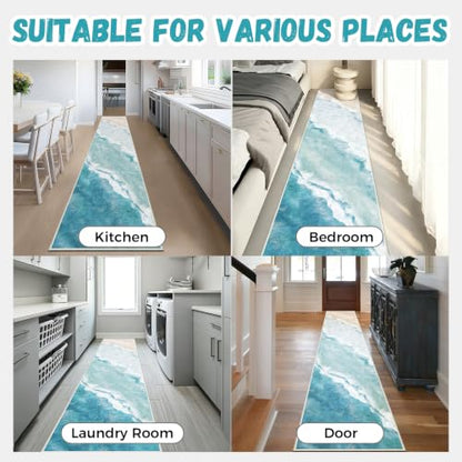 Beach Pattern 2x10ft Runner Rug Non Slip Washable Kitchen Runner Rug with Rubber Backing，Low-Pile Soft Washable Runner Rugs for Hallway Entryway Kitchen Bedroom Living Room Bathroom - color: Light Blue Beach, size: 2' x 10' (Rug)