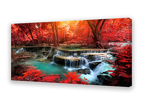 Muolunna BK03962 Wall Art Decor Canvas Print Picture Red Forest Waterfalls 1 Piece Modern Landscape Tree for Living Room Bedroom Kitchen Office Home Decorations Stretched and Framed Ready to Hang - color: Red, size: 48"L x 24"W