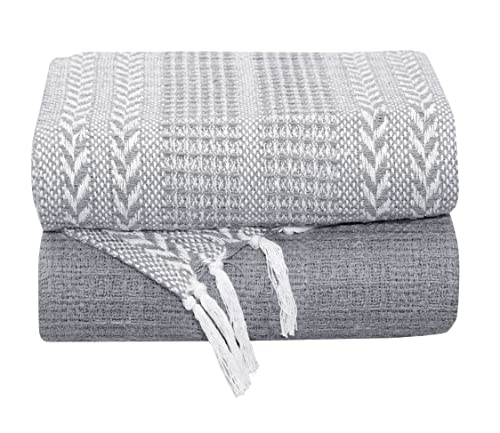 Woven Throw Blanket - Cotton - Rustic Ottoman, Batik Chair - Striped with Fringe - Picnic 50'' x 60'' - Set of Two (Grey) - color: Grey