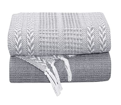 Woven Throw Blanket - Cotton - Rustic Ottoman, Batik Chair - Striped with Fringe - Picnic 50'' x 60'' - Set of Two (Grey) - color: Grey