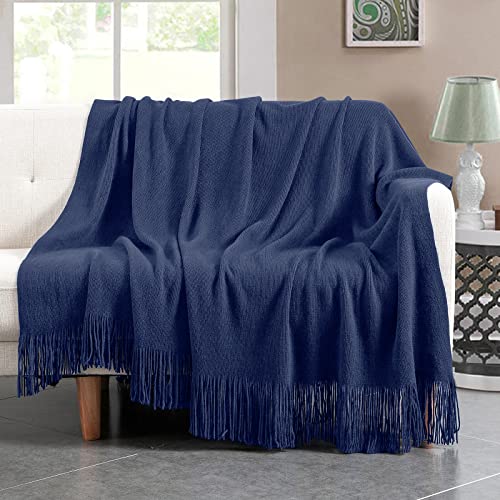 Vonty Royal Blue Knitted Throw Blanket with Tassels Fringe, 50x60 Acrylic - color: Royal Blue, size: 50" x 60"