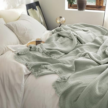 FOSSA Muslin Blanket 4-Layer 100% Cotton Gauze Blanket with Fringe 66"x90" - color: Sage Green, size: Twin XL (66" × 90")