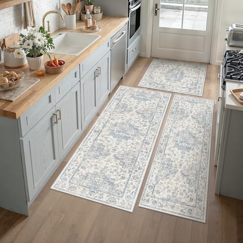 Washable Neutral Blue Kitchen Runner Rug Set of 3 - color: Neutral | Blue, size: 20"x32"+20"x48"+30"x50"