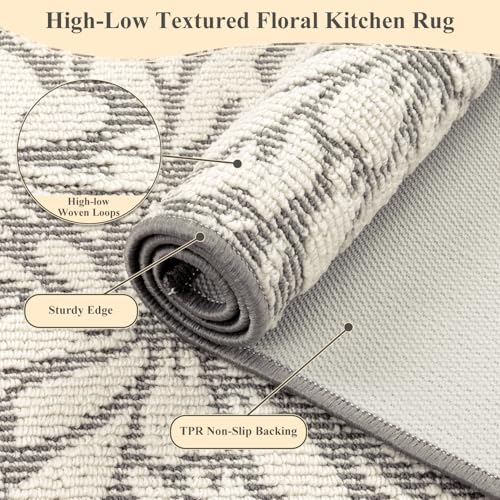 Findosom Kitchen Rugs Sets of 2, Floral Washable Kitchen Runner Rug, Gray - color: Grey, size: 24" x 36" + 24" x 60"