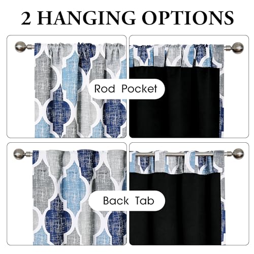 Beauoop Moroccan 100% Blackout Curtains Bedroom Blue Grey 50x45 2 Panels - color: Rod Pocket | Blue and Grey, size: 50"W x 45"L (Pack of 2)