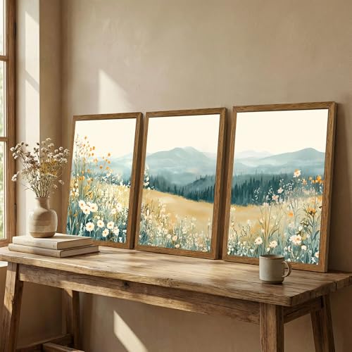 AVECCO 3 Pieces Wildflower Meadow Mountain Framed Canvas Wall Art 16x24 in - color: Mountain flowers, size: 24"L x 16"W