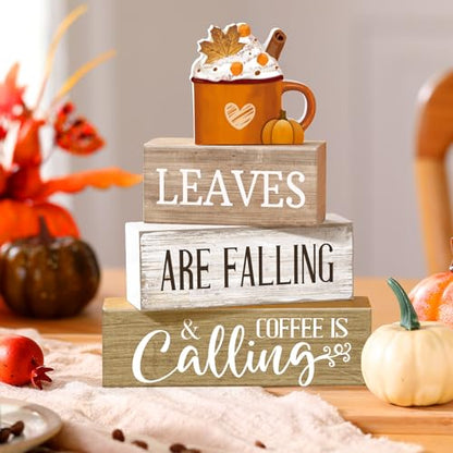 Lineshading 4 Pcs Fall Coffee Table Decor Wooden Pumpkin Latte Block Signs - style: Cow Home Eucalyptus