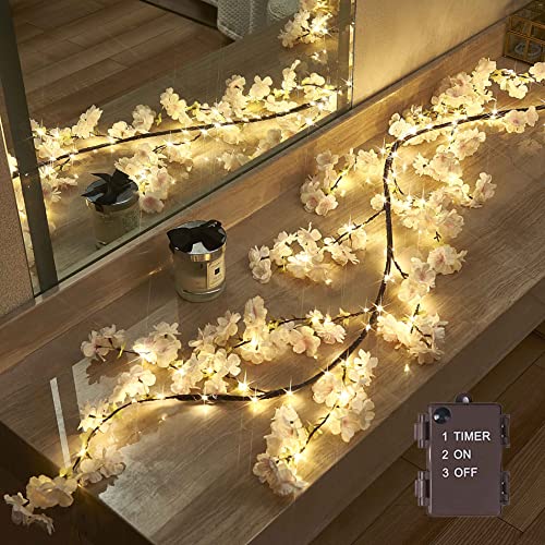 LITBLOOM Cherry Blossom Garland with Lights Battery Operated with Timer 96 Fairy Lights, Lighted Flower Garland 6FT for Mantle Firepalce Wedding Party Decoration Indoor Outdoor - style: Pink Cherry