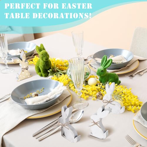Thinkday 6 Pcs Easter Bunny Wooden Signs Rabbit Spring Table Signs for Home Office Table Wood Bunny Easter Decorations with Ribbons for Tiered Tray Mantel Shelf (Simple Style) - style: Simple Style