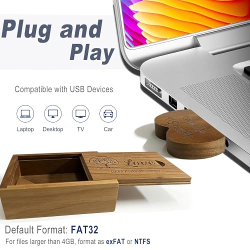 Wood USB Flash Drive 32GB USB3.0 with Box for 5 Year Anniversary (Heart) - color: Walnut(WED Heart USB+box-S), size: 32GB-3.0